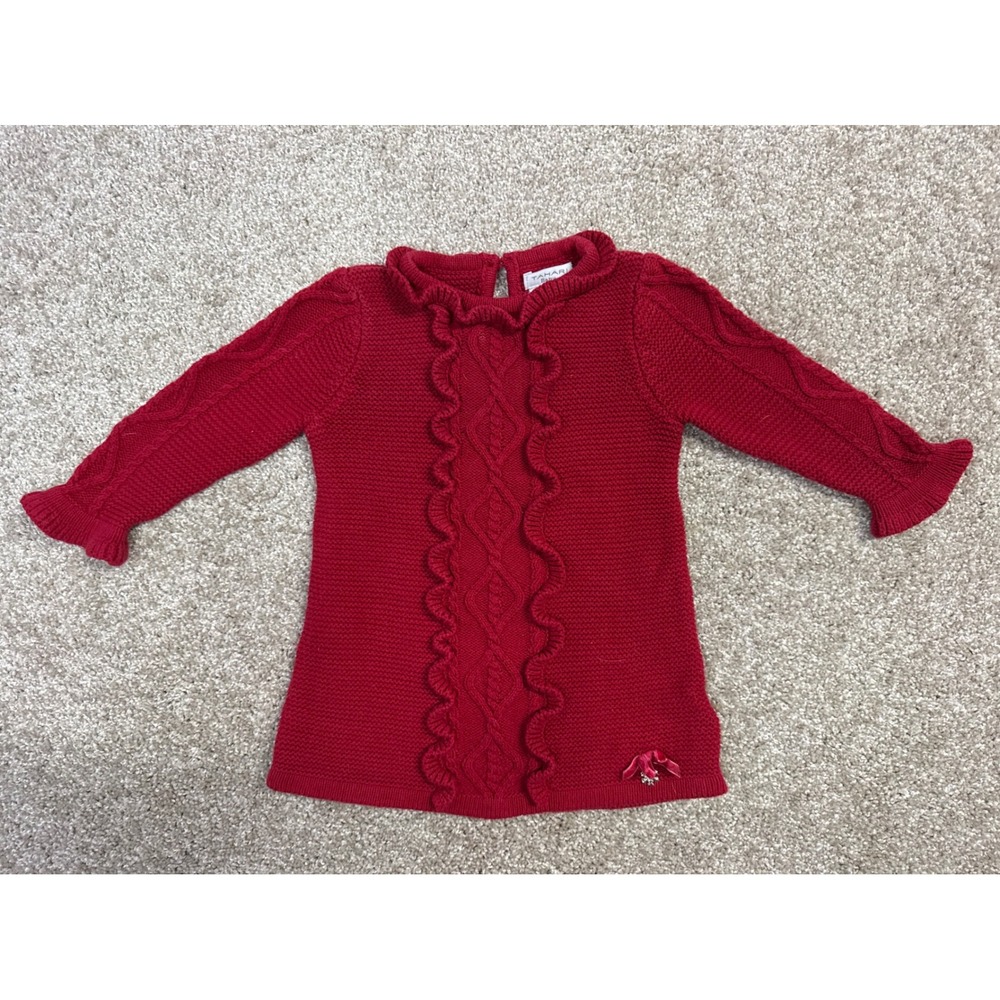 Tahari Baby Girls Red Cable Knit Ruffle Sweater Tunic Snowflake Charm 3-6M